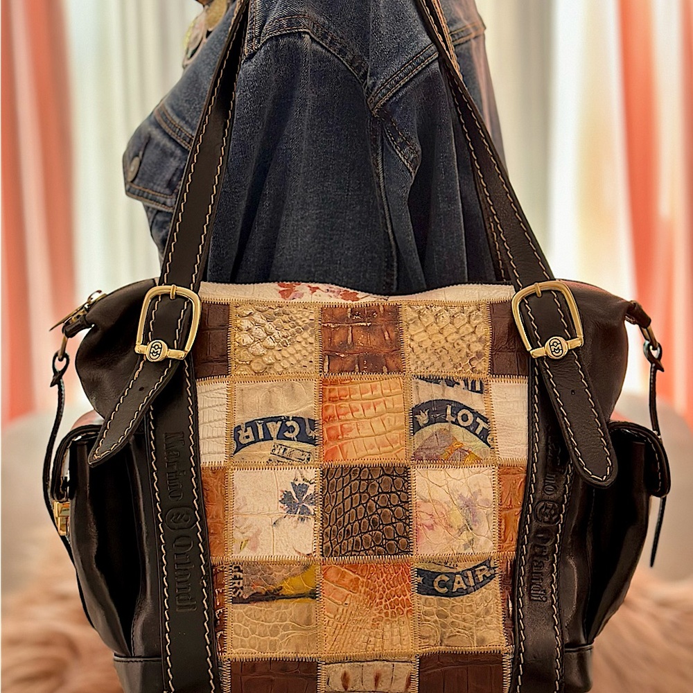New RARE Large Postcard & Leather Patch Marino Orlandi Purse